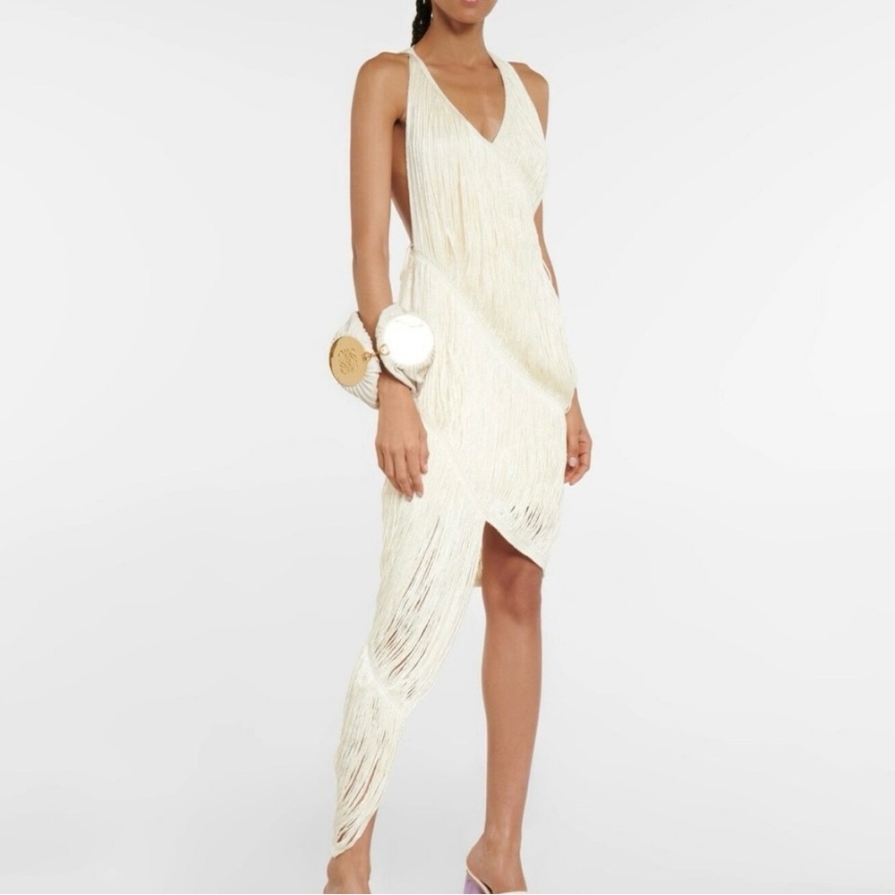 LOEWE Silk Fringed Asymmetric V-Neck Dress in Ivory